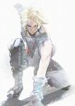  1boy bare_shoulders black_pants blonde_hair boots closed_mouth cofffee cropped_vest final_fantasy final_fantasy_xii gloves green_eyes jewelry looking_at_viewer male_focus necklace on_one_knee pants parted_bangs short_hair solo swept_bangs vaan_(ff12) vest white_background 