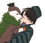  1boy blush brown_hair closed_eyes doppa eyebrows_hidden_by_hair goat karluk_eihon open_mouth otoyomegatari pokemon skiddo smile standing teeth tsumitobat79121 uzbek_clothes 