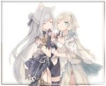  2girls ak-12_(girls_frontline) an-94_(girls_frontline) animal_ears black_dress blonde_hair blue_eyes breasts chinese_commentary cleavage closed_eyes commentary_request cui_pi_cha_tu dog_ears dress english_text eyebrows_visible_through_hair girls_frontline gloves half_gloves highres hug multiple_girls navel_cutout one_eye_closed silver_hair white_background white_day white_dress 