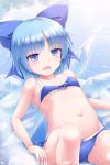  1girl :o bare_shoulders barefoot belly bikini blue_bikini blue_bow blue_eyes blue_hair bow cirno commentary_request eyebrows_visible_through_hair hair_bow highres ice ice_wings large_bow lzh navel open_mouth short_hair solo stomach sweat swimsuit touhou water wings 
