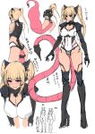  1girl ass black_legwear blonde_hair blue_eyes blush bodysuit breasts character_sheet hair_ornament headgear high_heels horns ishimiso_(ishimura) leotard long_hair monster_girl original simple_background skin_tight tail thighs twintails white_background 