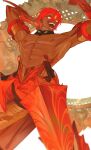  1boy absurdres armlet armor ashwatthama_(fate) bracer cowboy_shot dark-skinned_male dark_skin fate/grand_order fate_(series) highres holding holding_weapon jewelry looking_to_the_side male_focus muscular muscular_male necklace nipples open_mouth pectorals red_hair short_hair simple_background smile solo sword teeth topless_male weapon white_background yellow_eyes yoro_(dddd_od) 