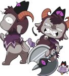 2025 2_horns angry anthro arrow_sign axe bell bell_collar big_butt black_body black_collar black_eyes black_fur black_hair bodily_fluids bovid brown_horn butt butt_slap caprine clenched_teeth clothing collar crown cult_of_the_lamb digital_media_(artwork) duo fur goat goat_(cult_of_the_lamb) grey_body grey_ears grey_fur hair headgear holding_axe holding_melee_weapon holding_object holding_weapon horn karikhuri lamb_(cult_of_the_lamb) looking_away male male/male mammal massive_monster_(studio) melee_weapon multicolored_body multicolored_clothing multicolored_fur multicolored_robe purple_body purple_clothing purple_ears purple_fur purple_robe robe saliva sharp_teeth sheep simple_background slap surprise surprised_expression teeth thick_thighs two_tone_body two_tone_clothing two_tone_fur two_tone_robe weapon white_background white_body white_fur white_hair wool_(fur)