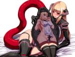  2girls bare_arms black_legwear blonde_hair blush breasts horns ishimiso_(ishimura) leotard long_hair monster_girl multiple_girls open_mouth original red_eyes see-through simple_background skin_tight tail teeth thighhighs thighs vore white_background 