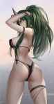  1girl absurdres arknights armpits arms_up ass back bangs bikini black_bikini blurry blurry_background blush breasts choker closed_mouth commentary_request cowboy_shot from_behind green_hair hair_between_eyes hands_in_hair highres horn hoshiguma_(arknights) large_breasts long_hair looking_at_viewer looking_back mole mole_on_breast ponytail side-tie_bikini sidelocks skindentation solo swimsuit thigh_strap thighs toned wristband yellow_eyes youyi_(ww5413203) 