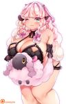  1girl animal_ears armband artist_name bare_shoulders black_bra blue_eyes blush bra braid breasts cleavage gradient_hair horns large_breasts lingerie long_hair looking_at_viewer multicolored_hair one_eye_closed personification pink_hair pink_ribbon plump pokemon pokemon_(creature) ribbon sheep_ears sidelocks solo sumisumii twin_braids underwear very_long_hair white_hair wooloo yellow_pupils 