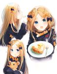  1girl abigail_williams_(fate/grand_order) bangs belt black_bow black_dress black_jacket blonde_hair blue_eyes blush bow closed_mouth dress eating fate/grand_order fate_(series) food forehead hair_bow happiness_lilys heroic_spirit_traveling_outfit high_collar holding holding_stuffed_animal jacket long_hair long_sleeves looking_at_viewer multiple_views object_hug open_mouth orange_bow parted_bangs plate simple_background sleeves_past_fingers sleeves_past_wrists stuffed_animal stuffed_toy teddy_bear white_background 