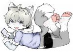  2019 4_fingers 4_toes anthro barefoot bike_shorts bone bottomwear butt canid canine clothed clothing cub cute_fangs dipstick_ears dipstick_tail feet full-length_portrait fur grey_fur grey_hair hair hindpaw holding_object hoodie kemono leg_markings looking_at_viewer lying male mammal markings mmmentha multicolored_ears multicolored_tail on_front open_mouth pawpads paws phone pink_pawpads portrait shorts simple_background socks_(marking) soles solo toes tongue white_background white_fur young 