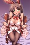  1girl animal_ears bow bowtie breasts brown_hair bunny_ears bunny_tail bunnysuit character_request copyright_request detached_collar fishnet_pantyhose fishnets green_eyes highres large_breasts leotard looking_at_viewer on_bed pantyhose red_neckwear shirokuma_a sitting sitting_on_bed solo strapless strapless_leotard tail white_background wrist_cuffs 