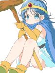  1girl blue_eyes blue_hair cape circlet commentary dragon_quest dragon_quest_iii elbow_gloves gloves holding holding_staff looking_at_viewer naitou_kouse panties pantyshot pantyshot_(sitting) sage_(dq3) sitting solo staff underwear white_background white_panties yellow_gloves 