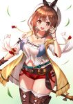  1girl :d atelier_(series) atelier_ryza belt breasts brown_eyes brown_gloves brown_hair brown_legwear cleavage eyebrows_visible_through_hair gloves green_background hair_ornament hairclip hat highres looking_at_viewer medium_breasts navel open_mouth red_shorts reisalin_stout rothy_(user_cezn8425) short_shorts shorts single_glove smile solo thighhighs thighs upper_teeth white_background white_headwear white_legwear 