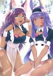  2girls alternate_costume animal_ears apron blue_eyes breasts cleavage dark_skin earrings enmaided facial_mark fate/grand_order fate_(series) highres jewelry looking_at_viewer maid maid_headdress medjed mof_siromimi multiple_girls nitocris_(fate/grand_order) purple_eyes queen_of_sheba_(fate/grand_order) seiza sitting white_apron wrist_cuffs 