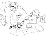 anthro belly belly_grab big_belly business_meeting container cup duo groan groaning_belly hi_res huge_belly human male mammal mephitid monochrome muffled muffled_speech mug necktie nervous pandottermon paper professional_clothes shocked skunk skunk_tail spilled_beverage squirm_(sound_effect) squirming vore