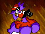 4:3 anthro big_butt black_hands black_sclera blood_tears butt clothing delivery_(commerce) delivery_employee femboy fire fur gesture grin hand_gesture hi_res looking_at_viewer male mammal navel orangedo69 pointing pointing_at_viewer pointy_fingers porcupine purple_body purple_fur quills_(anatomy) red_cap red_clothing red_uniform rodent smile snick.exe_(pizza_tower) snick_(pizza_tower) solo thick_thighs watermark