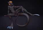 abstract_background anthro big_feet black_body black_nipples black_skin black_tongue blonde_hair blue_claws blue_eyes bodily_fluids claws digitigrade dripping fangs feet gaping gaping_urethra genital_fluids genitals hair hi_res humanoid_genitalia humanoid_penis long_tail long_tongue longblueclaw looking_at_viewer male nipples painted_claws penis pointy_ears precum precum_drip reclining reptile saliva saliva_drip scalie slim smile solo spread_legs spreading tail teeth tongue urethra