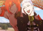  2boys ashwatthama_(fate/grand_order) belt black_gloves blurry clenched_teeth dark_skin dark_skinned_male depth_of_field detached_collar fate/grand_order fate_(series) gloves looking_at_another male_focus multiple_boys open_mouth pink_hair red_hair scandinavia_peperoncino shirtless teeth undercut upper_body 