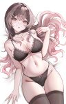  1girl absurdres among_us bare_shoulders black-framed_eyewear black_bra black_choker black_panties black_thighhighs blush bra breasts breasts_apart brown_hair chaisia_art choker collarbone commentary crewmate_(among_us) english_commentary fingernails glasses gradient_hair green_eyes hair_between_eyes hair_ornament hairclip hand_up highres jewelry lace-trimmed_bra lace-trimmed_panties lace_trim large_breasts lips long_hair looking_at_viewer lying multicolored_hair navel on_back original panties parted_lips patreon_username pendant pink_hair red_(among_us) round_eyewear solo stomach thighhighs underwear very_long_hair 