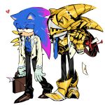  2boys absurdres alternate_form alternate_universe armor bag broken_heart diamondx1704 excalibur_sonic gauntlets gloves gold_armor hand_on_another&#039;s_shoulder handbag heart highres love_letter multiple_boys sad school_uniform sonic_(series) sonic_and_the_black_knight sonic_prime sonic_the_hedgehog 