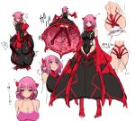  1girl bare_shoulders blue_eyes blush breasts character_sheet dress elbow_sleeve ishimiso_(ishimura) leotard monster_girl original pink_hair red_legwear short_hair simple_background skin_tight sleeves_past_wrists thighs white_background 