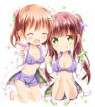  2girls :d :q ^_^ big_head blush breasts brown_footwear brown_hair chibi cleavage closed_eyes closed_mouth collarbone commentary_request crop_top facing_viewer flower gochuumon_wa_usagi_desu_ka? green_eyes green_footwear hair_flower hair_ornament holding holding_hands hood hood_down hooded_jacket hoto_cocoa jacket large_breasts light_brown_hair long_hair long_sleeves looking_at_viewer matching_outfit multiple_girls open_clothes open_jacket open_mouth pink_flower purple_shorts sandals short_shorts shorts simple_background sleeveless smile star tongue tongue_out twintails ujimatsu_chiya very_long_hair water_gun white_background white_jacket zenon_(for_achieve) 