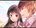  1boy 1girl :d azusagawa_sakuta bangs black_hair blazer blue_sky blurry blurry_background blurry_foreground blush brown_eyes brown_hair brown_jacket collared_shirt day depth_of_field eyebrows_visible_through_hair gyozanuko hair_between_eyes hair_ornament hairclip highres jacket letterboxed long_hair open_blazer open_clothes open_jacket open_mouth outdoors profile purple_eyes red_neckwear sakurajima_mai school_uniform seishun_buta_yarou shirt sky smile upper_body upper_teeth v-shaped_eyebrows white_shirt 