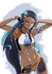  1girl abs absurdres armlet armpits arms_up bare_shoulders black_hair blue_eyes blue_hair breasts closed_mouth dark_skin earrings eyeliner forehead gloves hair_bun highres hoop_earrings iriri jewelry long_hair looking_at_viewer makeup multicolored_hair navel necklace pokemon pokemon_(game) pokemon_swsh rurina_(pokemon) shorts single_glove small_breasts solo sports_bra thighs 