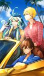  3boys ahoge androgynous aqua_hair black_shirt blonde_hair blue_hair blue_jacket blue_sky brown_eyes brown_hair buttons car closed_mouth cloud collarbone collared_shirt commentary convertible dark-skinned_male dark_skin day dress_shirt driving earrings expressionless eyeshadow fate/grand_order fate_(series) fingernails forehead_jewel gilgamesh_(fate) gold_earrings green_eyeshadow hair_between_eyes jacket jewelry kouga_yun lapels long_fingernails long_hair long_sleeves looking_to_the_side makeup male_focus motor_vehicle multicolored_eyeshadow multicolored_hair multiple_boys notched_lapels official_alternate_costume official_art orange_jacket outdoors ozymandias_(fate) palm_tree pink_shirt pinstripe_jacket pinstripe_pattern plaid_clothes plaid_shirt red_eyes red_eyeshadow riding shi_huang_di_(fate) shirt short_hair sidelocks sky smile standing suit_jacket sunlight third-party_source tree v-shaped_eyebrows very_long_hair white_hair white_shirt wing_collar 