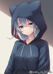  1girl alternate_costume animal_hood black_sweater blue_eyes cat_hood commentary_request drawstring grey_hair hibiki_(kancolle) hood hooded_sweater kantai_collection long_hair ruin_re_birth solo sweater twitter_username upper_body 