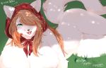  2018 anthro big_breasts breasts featureless_breasts felid feline female fur grass green_eyes hair hi_res hood japanese_text looking_at_viewer mammal nude orange_hair pozpoz simple_background smile solo text white_fur 