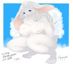  2018 4_fingers 4_toes blue_eyes breasts crouching featureless_breasts female fur hair hi_res lagomorph leporid mammal nude pozpoz rabbit simple_background smile soles toes white_fur white_hair 