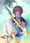  1girl artist_name belt braid brown_hair fate/grand_order fate_(series) flower grass highres navel side_braid sitting smile solo sunflower unzipped van_gogh_(fate) van_gogh_(first_ascension)_(fate) waterstaring 