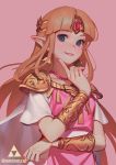  1girl bangs blonde_hair blue_eyes bracer braid circlet earrings finger_to_cheek fingernails green_eyes jewelry long_fingernails long_hair looking_at_viewer mimme_(haenakk7) nail_polish parted_bangs parted_lips pauldrons pink_background pink_nails pointy_ears princess_zelda short_sleeves shoulder_armor simple_background smile solo super_smash_bros. the_legend_of_zelda the_legend_of_zelda:_a_link_between_worlds tiara triforce tunic twin_braids upper_body 