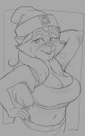 2025 4_fingers alternate_costume anthro arms_bent beanie big_breasts biped black_border bodily_fluids border bra breasts breath catrina_(mlp) cheek_tuft claws cleavage cleavage_overflow clothed clothed_anthro clothed_female clothing dbaru digital_media_(artwork) domestic_cat eye_markings eyelashes facial_tuft felid feline felis female finger_claws fingers fully_clothed fully_clothed_anthro fully_clothed_female fur fur_tuft glistening glistening_eyes greyscale hair half-length_portrait hand_behind_head hand_on_hip hand_on_own_hip hasbro hat headgear headwear hi_res humanoid_hands iris leggings legwear long_eyelashes long_hair looking_at_viewer mammal markings midriff mlp_g1 monochrome my_little_pony my_little_pony_&#039;n_friends navel outside_border pointy_ears portrait pose prick_ears print_beanie print_clothing print_hat print_headgear print_headwear pupils skimpy smile smiling_at_viewer snout solo sports_bra standing sweat sweatdrop three-quarter_view tuft underwear unicorn_print wide_hipped_anthro wide_hipped_female wide_hips
