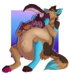  2017 ambiguous_gender ambiguous_prey anthro blue_nose brown_fur canid canine canis citrinelle digital_media_(artwork) domestic_dog duo fingers fur hi_res male male_pred mammal orange_pawpads pawpads purple_eyes simple_background sitting vore 