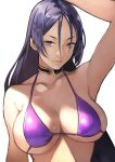  1girl 55level arm_at_side arm_up armpits bare_shoulders bikini black_choker breasts choker closed_mouth collarbone expressionless fate/grand_order fate_(series) hair_between_eyes halterneck highres large_breasts lips long_hair looking_at_viewer minamoto_no_raikou_(fate/grand_order) minamoto_no_raikou_(swimsuit_lancer)_(fate) purple_bikini purple_bikini_top purple_eyes purple_hair simple_background solo swimsuit upper_body v-shaped_eyebrows white_background 