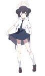  1girl absurdres alternate_costume black_hair black_necktie black_skirt blue_archive blush closed_mouth clothes_lift collared_shirt diagonal-striped_clothes diagonal-striped_necktie double_bun full_body grey_eyes hair_bun halo highres kisaki_(blue_archive) kisaki_(school_uniform)_(blue_archive) kneehighs loafers long_hair looking_at_viewer necktie pleated_skirt s10021 school_uniform shirt shoes short_sleeves simple_background skirt skirt_hold socks solo standing striped_clothes twintails white_background white_shirt white_socks 
