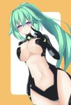  1girl blush bodysuit breasts cleavage elbow_gloves gloves green_hair green_heart highres kami_jigen_game_neptune_v large_breasts leotard long_hair looking_at_viewer midriff moya_44444 navel neptune_(series) ponytail purple_eyes smile solo stomach symbol-shaped_pupils tied_hair very_long_hair white_background 