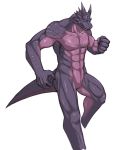  abs anthro aomura_saki_(pixiv) biceps blue_eyes countershading dragon featureless_crotch male mature_male muscular muscular_male nude pecs purple_scales quads scales scalie simple_background solo white_background wingless_dragon 
