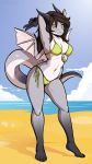  2019 5_fingers 5_toes absurd_res alternate_version_at_source amara_(povinne10) anthro beach bikini biped black_claws black_horn breasts brown_hair claws clothing cloud detailed_background digital_media_(artwork) dragon eyebrows eyelashes female full-length_portrait gesture grey_scales grey_tail grey_wings hair hi_res horn long_hair long_tail looking_at_viewer multicolored_scales navel one_eye_closed portrait reptile sand scales scalie scar seaside signature sky small_wings smaller_version_at_source solo standing swimwear thick_tail toe_claws toes two_tone_scales two_tone_tail two_tone_wings v_sign water white_scales white_tail white_wings wings wink zkelle 
