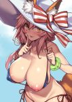  1girl absurdres animal_ear_fluff animal_ears bikini bikini_pull blue_bikini blush bow bracelet breasts collarbone ears_through_headwear fate/grand_order fate_(series) fox_ears fox_tail fuya_(tempupupu) gradient gradient_background hat hat_bow highres index_finger_raised jewelry large_breasts long_hair looking_at_viewer nipples one_breast_out open_mouth oppai_challenge paid_reward patreon_reward pink_hair puffy_nipples side-tie_bikini simple_background smile solo striped striped_bow sun_hat swimsuit tail tamamo_(fate)_(all) tamamo_no_mae_(swimsuit_lancer)_(fate) yellow_eyes 
