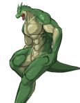  abs amber_eyes anthro aomura_saki_(pixiv) collarbone glistening glistening_scales green_scales lizard male mature_male multicolored_scales muscular muscular_male nude open_mouth pecs reptile scales scalie simple_background slit solo tongue two_tone_scales white_background 