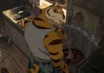  2016 anthro butt cooking detailed_background felid humanoid_hands male mammal motogen pantherine solo tiger 