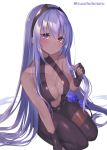  alternate_hair_length alternate_hairstyle bare_shoulders black_gloves black_leotard breasts dark_skin fate/grand_order fate_(series) fingerless_gloves gloves hairband hassan_of_serenity_(fate) leotard long_hair purple_eyes purple_hair suzuho_hotaru 