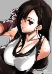  1girl akagi_rio bare_shoulders black_hair black_skirt breasts closed_mouth collarbone dated earrings elbow_gloves elbow_pads final_fantasy final_fantasy_vii final_fantasy_vii_remake fingerless_gloves gloves grey_background hand_up highres jewelry large_breasts long_hair looking_at_viewer low-tied_long_hair red_eyes shirt signature simple_background skirt smile solo suspender_skirt suspenders tank_top taut_clothes taut_shirt tifa_lockhart white_shirt 