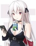  1girl bangs bare_shoulders belt belt_buckle bendy_straw black_belt black_choker black_dress black_ribbon blush breasts bubble_tea_challenge buckle cellphone choker cleavage closed_mouth collarbone commentary dress drinking drinking_straw eyebrows_visible_through_hair girls_frontline grey_background hair_between_eyes hair_ribbon highres holding holding_cellphone holding_phone iron_cross kar98k_(girls_frontline) keenh long_hair long_sleeves looking_at_viewer medium_breasts milk_carton object_on_breast phone red_eyes ribbon signature sleeveless sleeveless_dress solo two-tone_background upper_body very_long_hair white_background white_hair 
