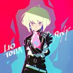  1boy bcoca belt black_gloves black_jacket blonde_hair character_name copyright_name cravat fire gloves half_gloves highres jacket kunitarou-art lio_fotia male_focus multiple_belts outstretched_hand promare purple_eyes solo 