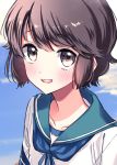  1girl bangs blue_neckwear blush brown_eyes brown_hair close-up cloud collarbone day deco_(geigeki_honey) eyebrows_visible_through_hair kantai_collection miyuki_(kantai_collection) neck_ribbon open_mouth outdoors ribbon sailor_collar school_uniform serafuku short_hair sky solo teeth 