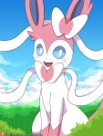  2019 3:4 ambiguous_gender blue_eyes blue_sky cloud cute_fangs day detailed_background digital_media_(artwork) eeveelution fangs feral front_view fur hi_res looking_at_viewer mammal multicolored_fur nintendo open_mouth outside patreon pink_fur plant pok&eacute;mon pok&eacute;mon_(species) quadruped shrub sky smile solo sylveon two_tone_fur url video_games white_fur winick-lim 