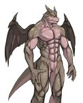  abs anthro aomura_saki_(pixiv) biceps dragon front_view horn male mature_male membrane_(anatomy) membranous_wings muscular muscular_male nude pecs quads simple_background solo three-quarter_view white_background wings 