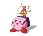  1girl 1other backpack bag banjo-kazooie bird blue_eyes blush crossover feathers ippers kazooie_(banjo-kazooie) kirby kirby_(series) looking_at_viewer open_mouth smile super_smash_bros. wings 